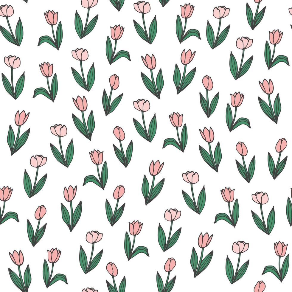 Tulips spring flowers vector seamless pattern.