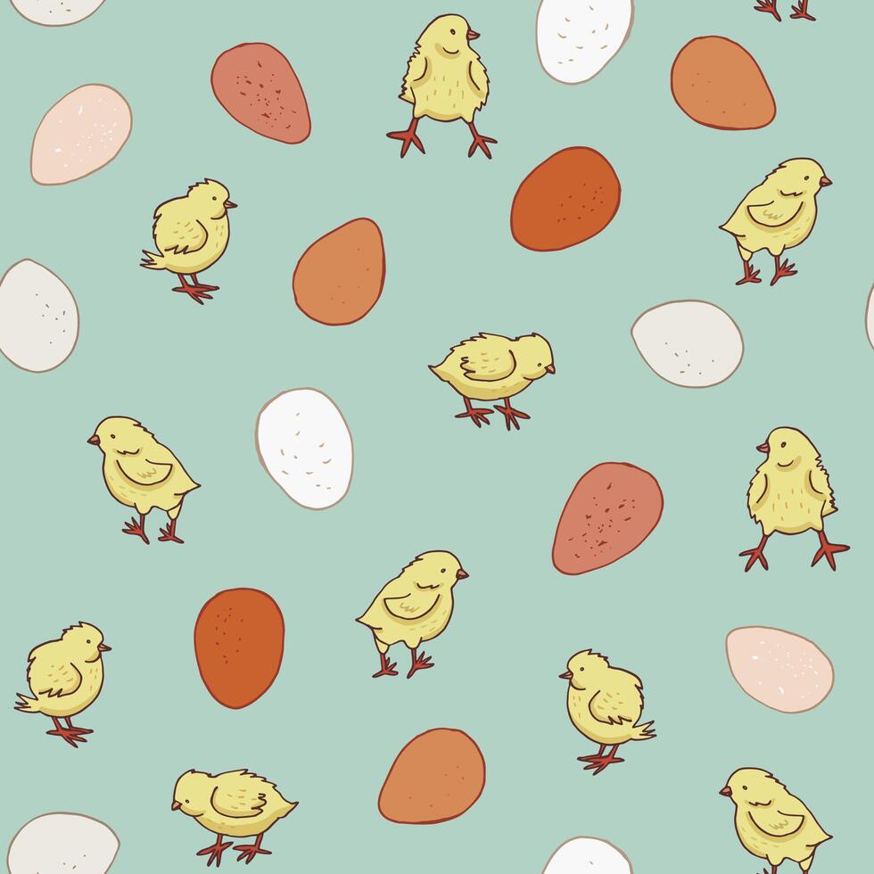 Easter eggs and chick vector seamless pattern.