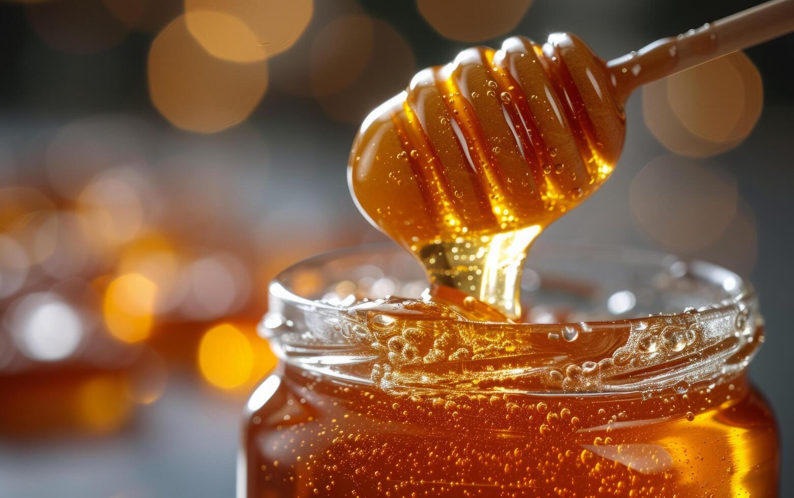 AI generated A close up shot showcasing the richness of honey as it flows from a dipper photo