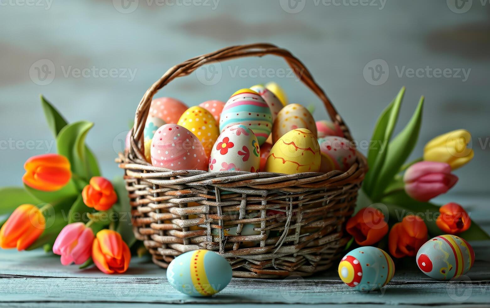 AI generated Tulips and Colorful Easter Eggs in a Wicker Basket photo