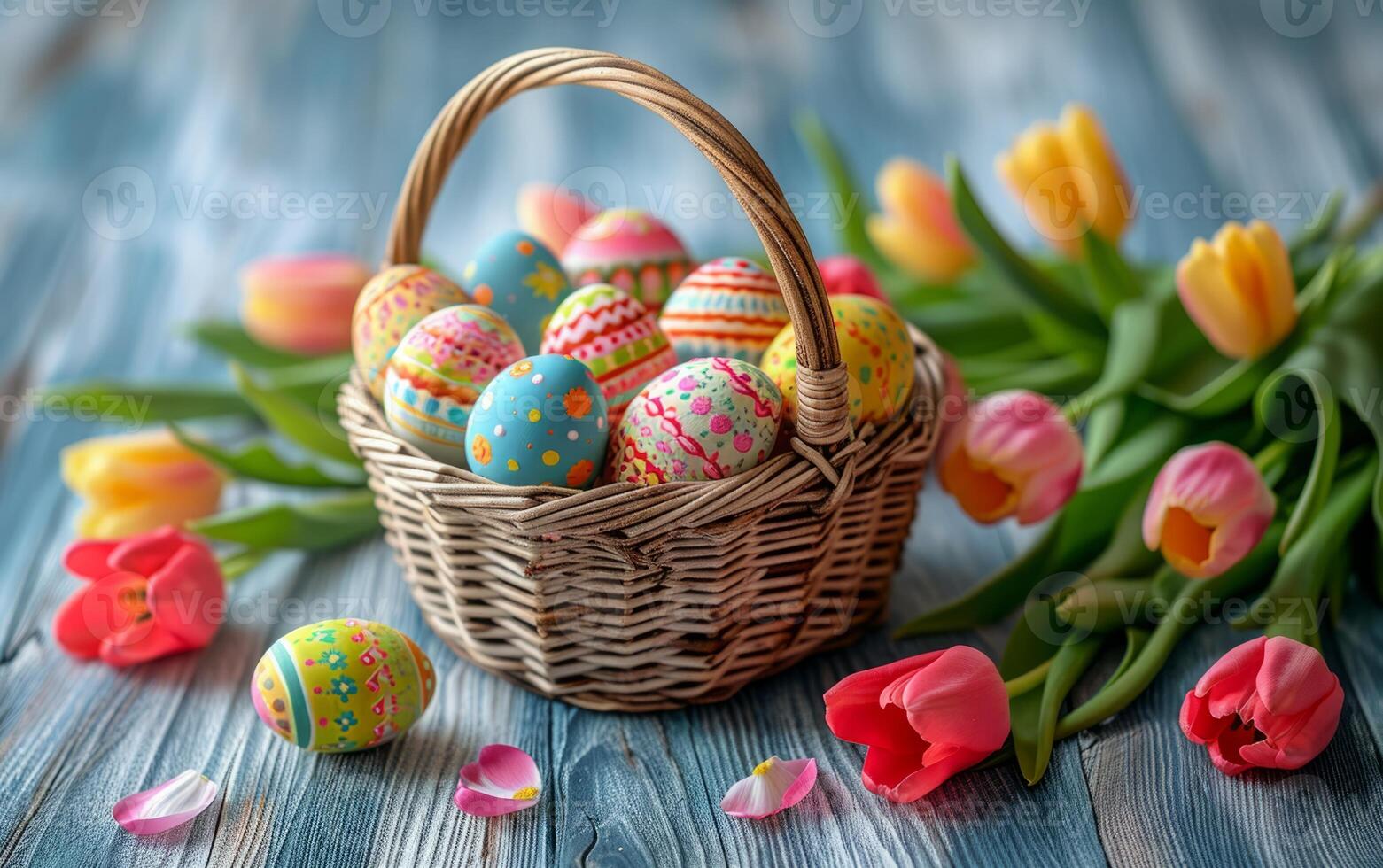 AI generated Tulips and Colorful Easter Eggs in a Wicker Basket photo