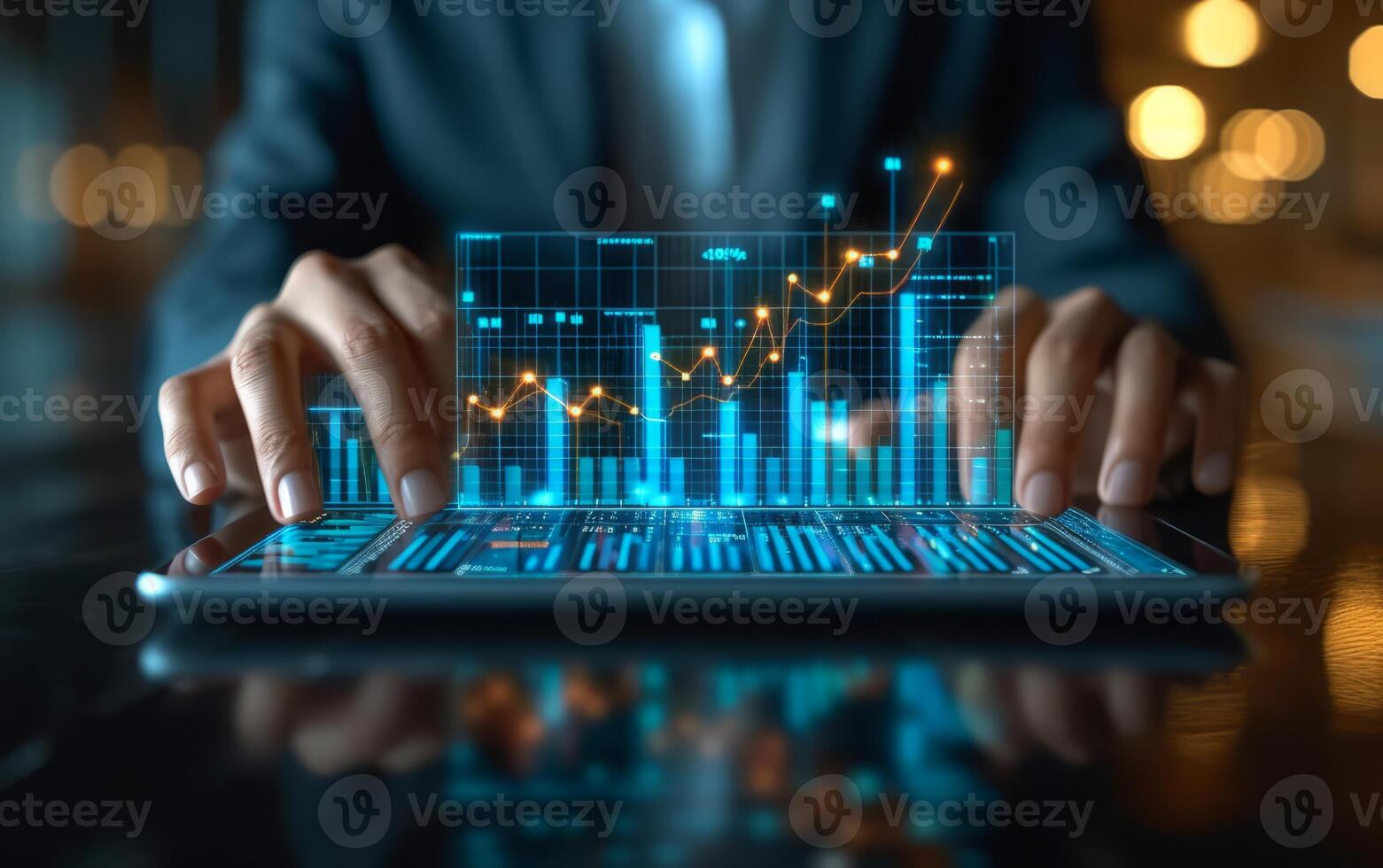 AI generated Trading Concept Illustrated Holographic Projection Over Tablet for Data Analysis photo