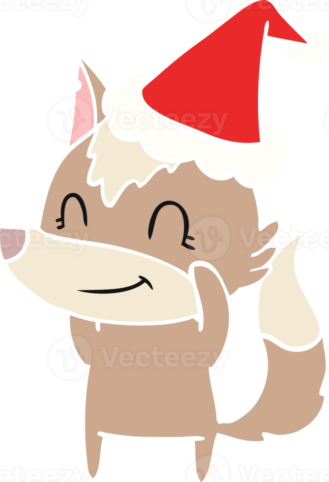 friendly hand drawn flat color illustration of a wolf wearing santa hat png
