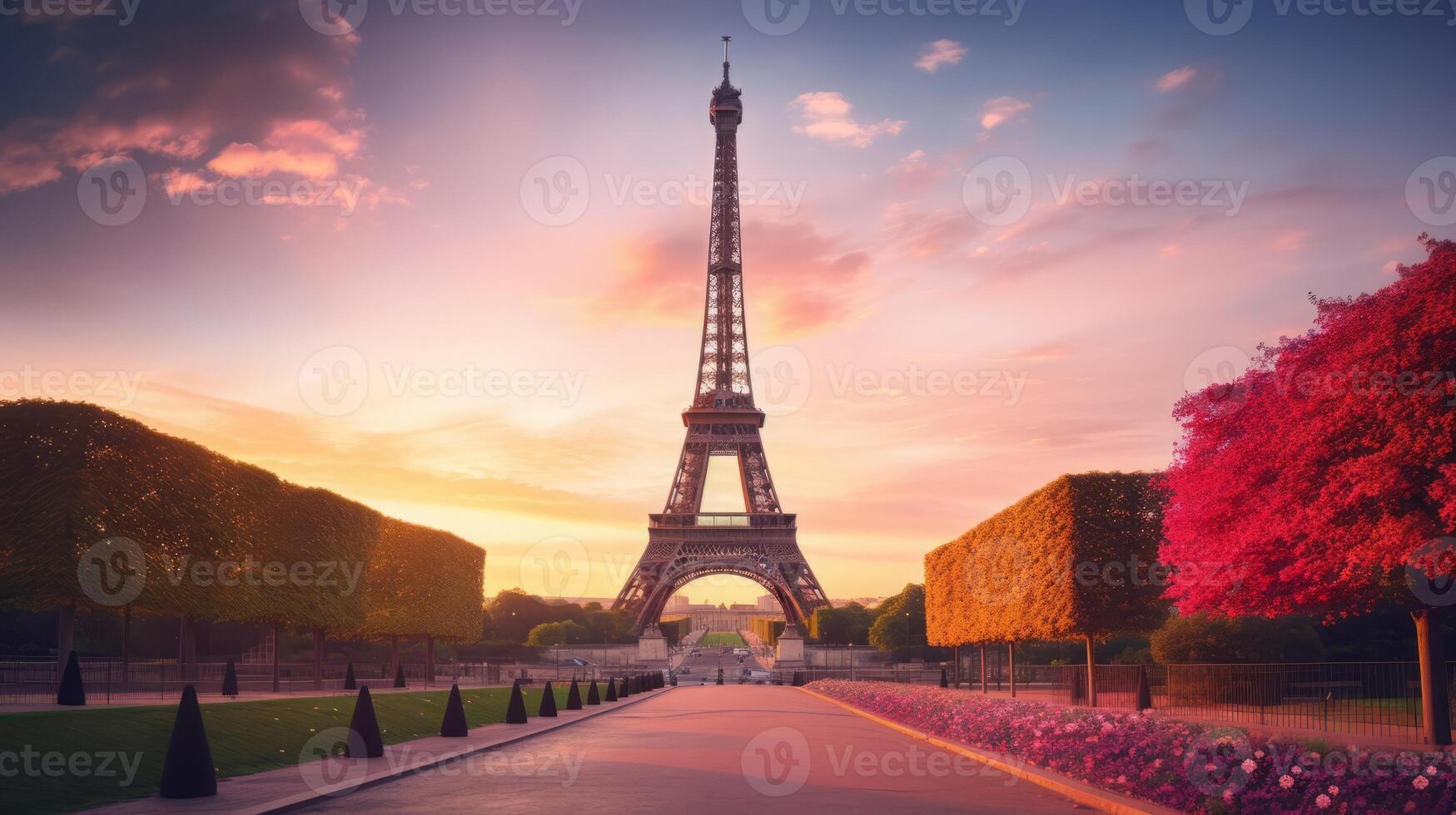 AI generated Sunset with Eiffel Tower View photo