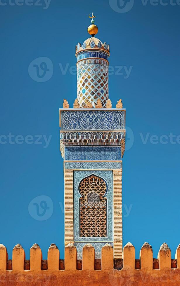 ai generado el detallado decoraciones en un alminar torre contraste bruscamente con un claro azul cielo foto