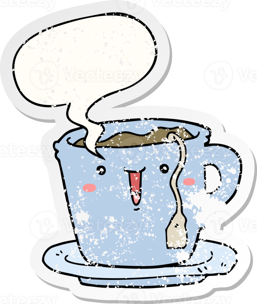 cute cartoon cup and saucer with speech bubble distressed distressed old sticker png
