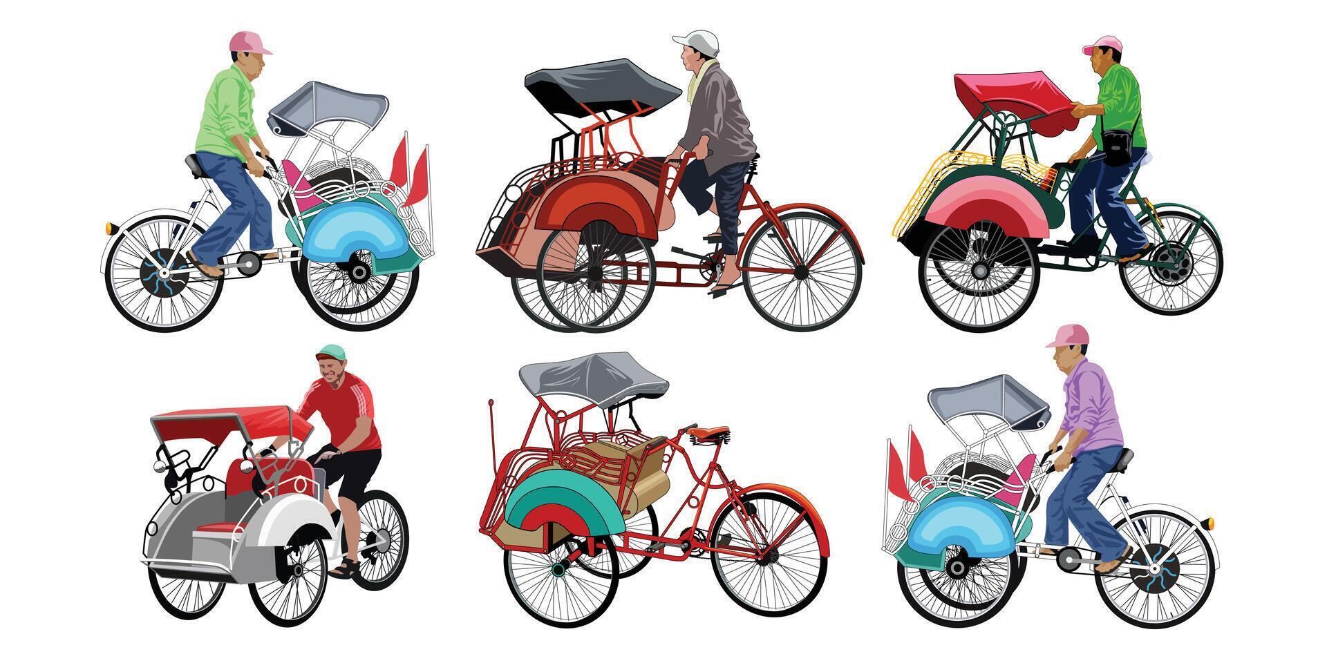 Rickshaw becak yogyakarta set images vector for design element.