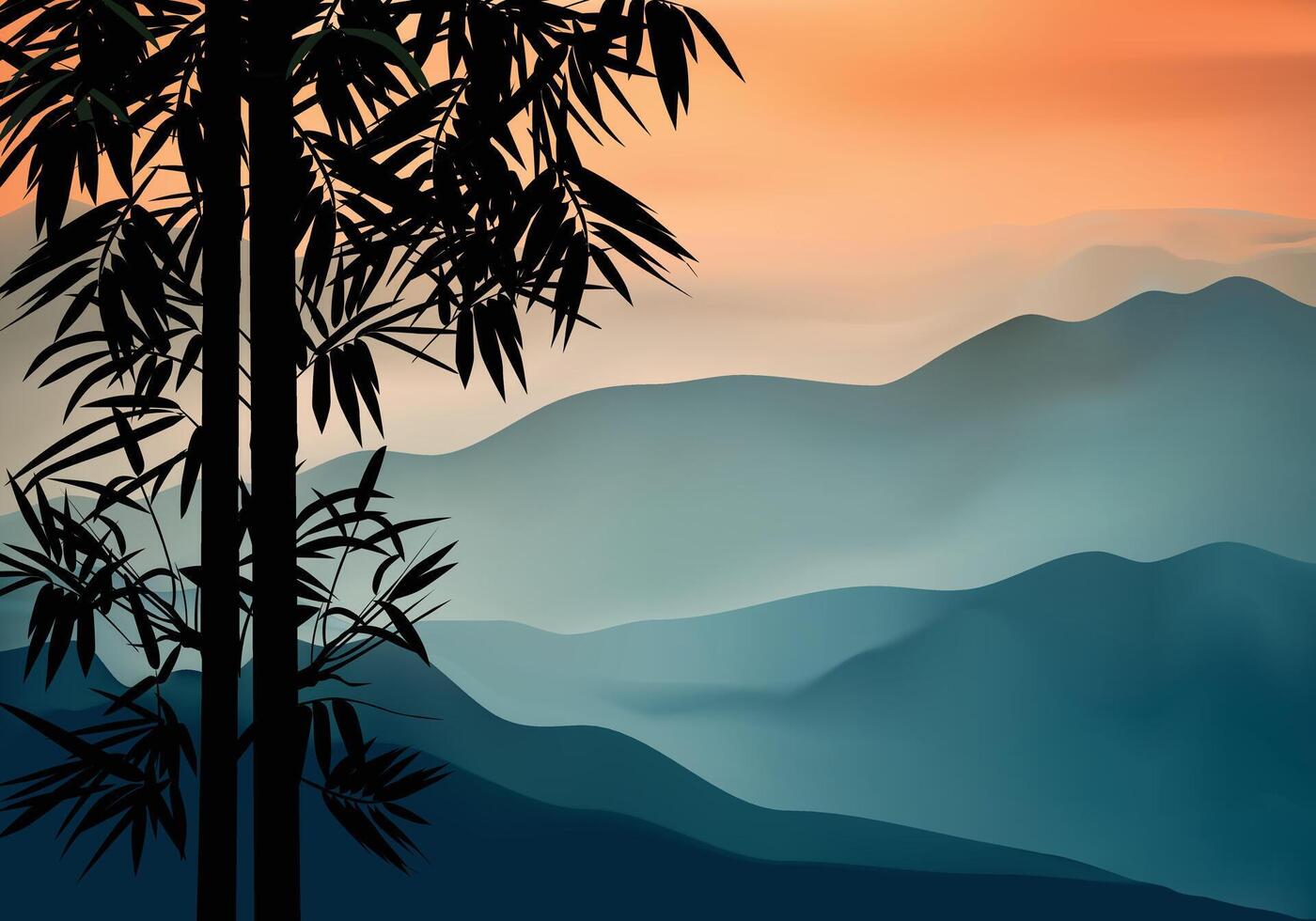 Bamboo silhouette with blue mountain at the background. vector