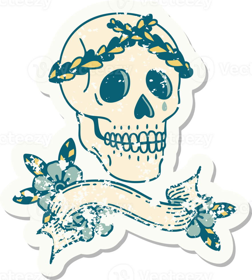 worn old sticker with banner of a skull with laurel wreath crown png