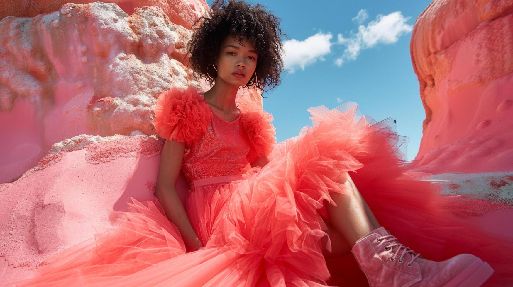 AI generated a model wearing a bright pink tulle skirt, paired with a graphic tee and combat boots photo