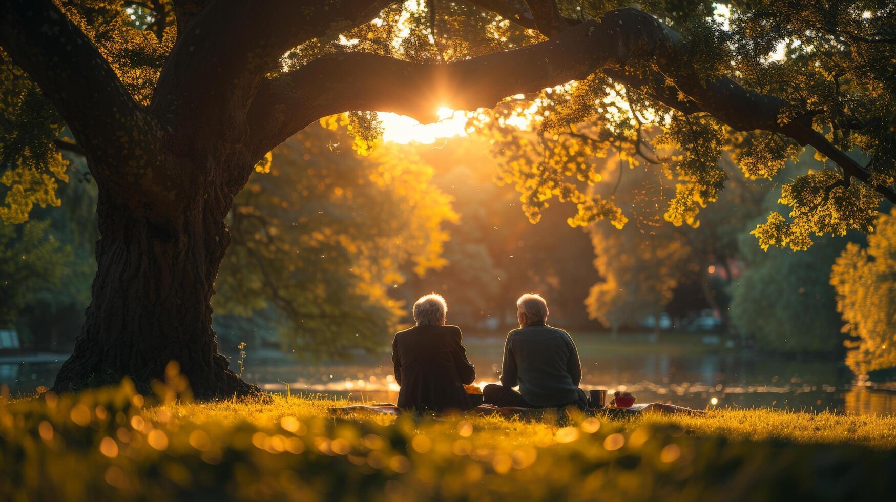 ai generado un mayor Pareja sentado en el césped debajo el sombra de un grande árbol foto