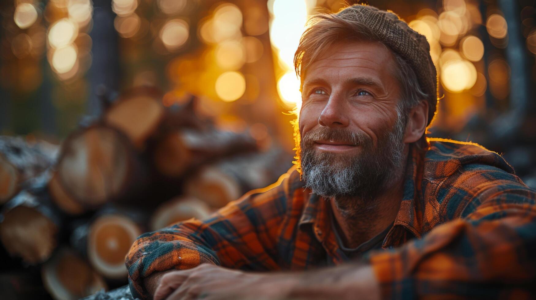 AI generated a handsome lumberjack taking a break, leaning on his ax, with a gentle smile on his face photo