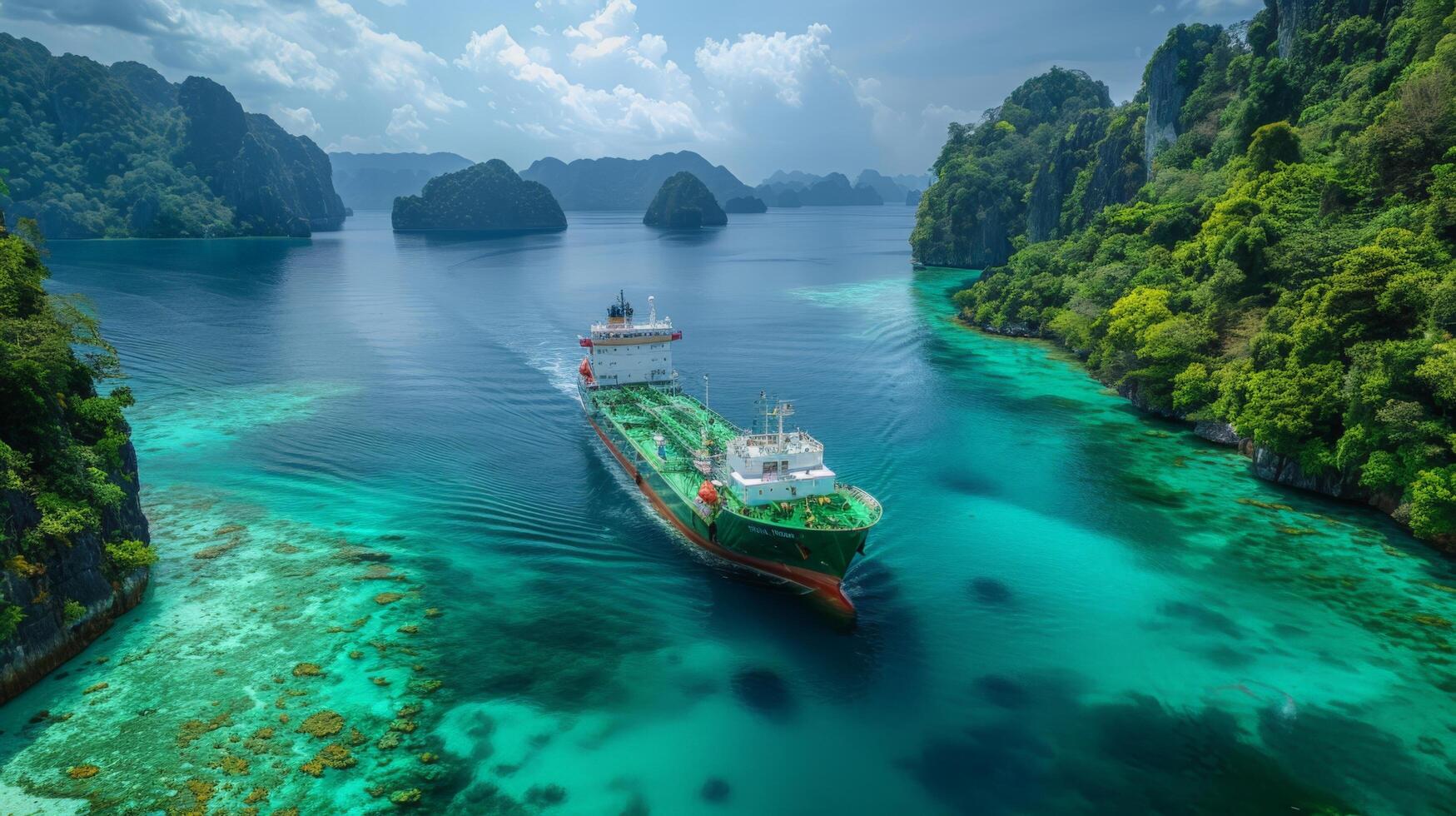 ai generado un petrolero anclado en un protegido bahía, rodeado por claro como el cristal aguas y tropical islas foto