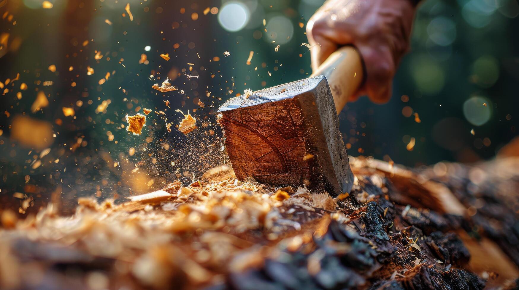 AI generated Senior Craftsman Hand-Carving Wood in Forest photo