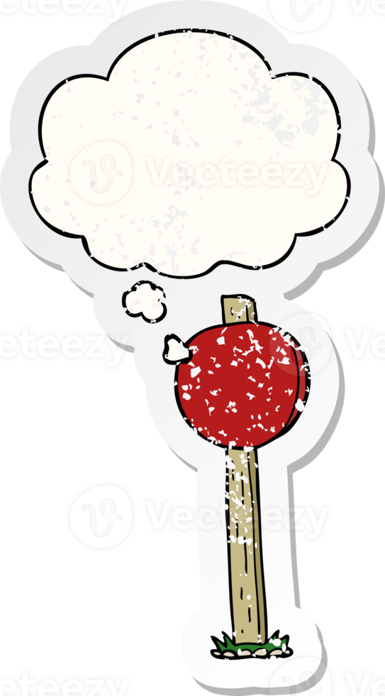 cartoon sign post with thought bubble as a distressed worn sticker png