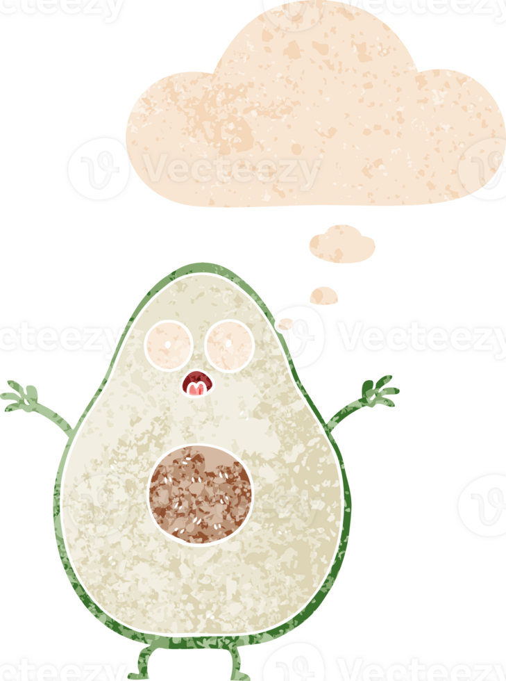 cartoon avocado with thought bubble in grunge distressed retro textured style png