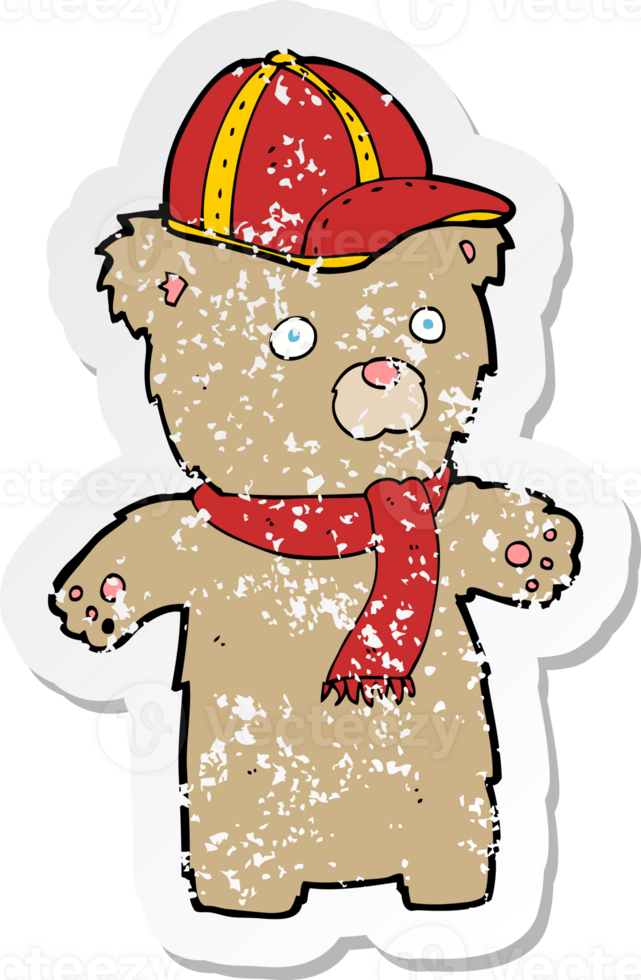 retro distressed sticker of a cartoon bear in hat png