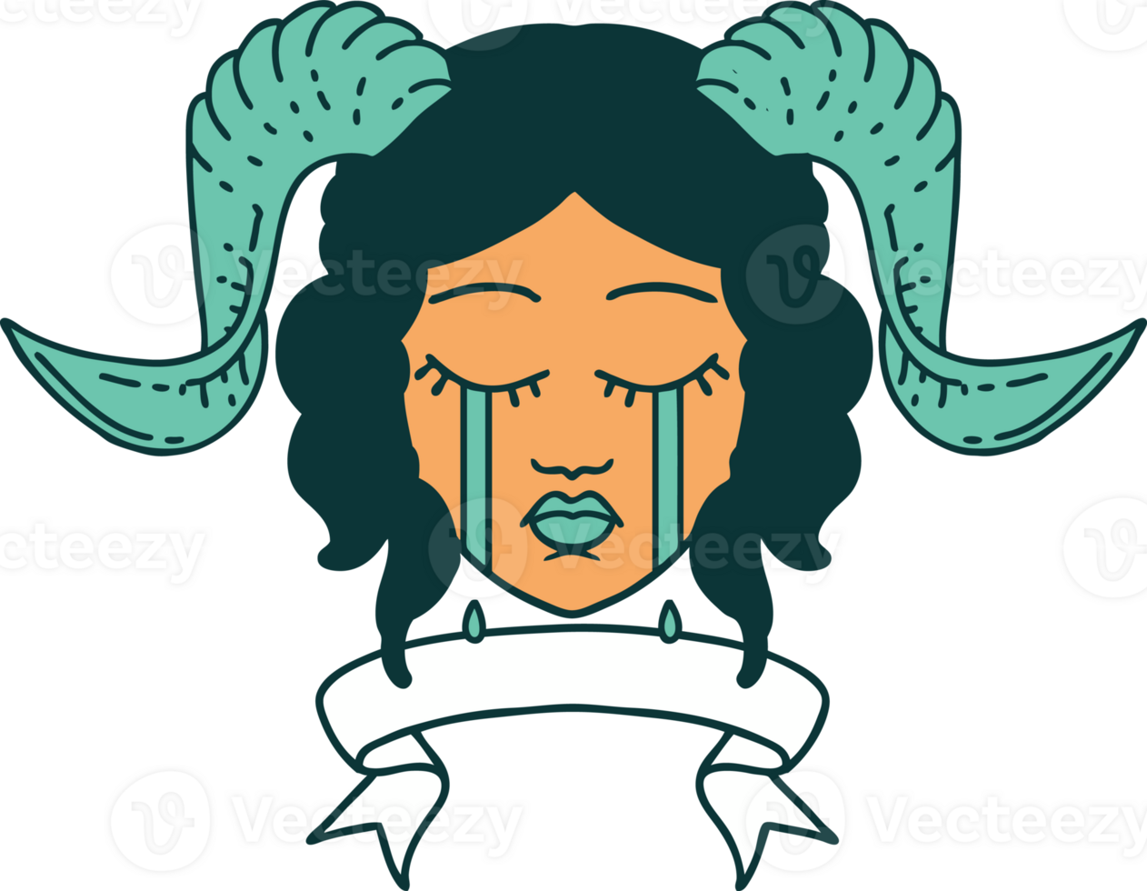 Retro Tattoo Style crying tiefling character face with scroll banner png