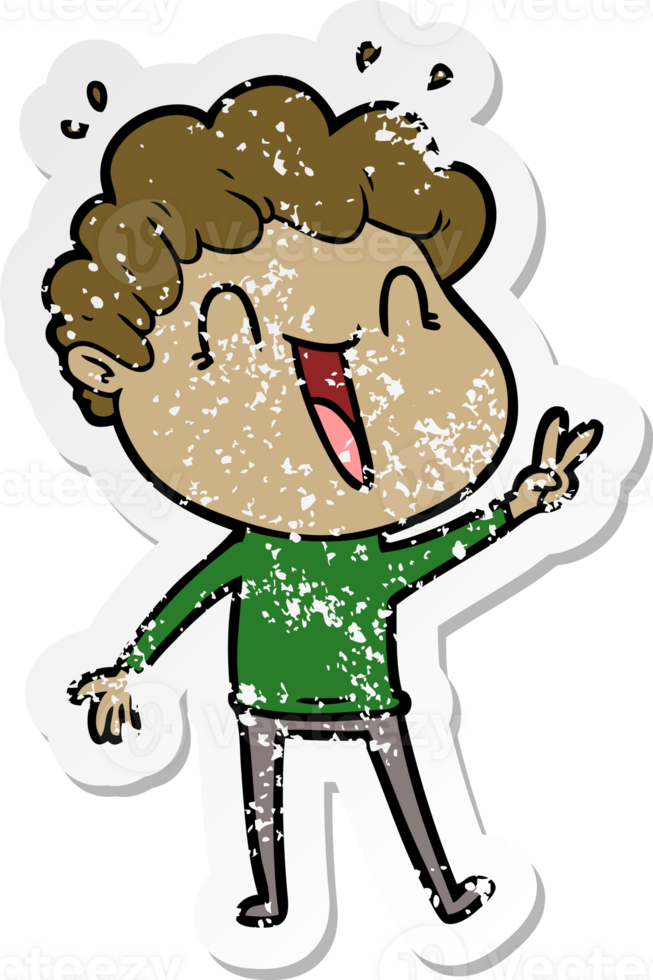 distressed sticker of a cartoon happy man laughing png