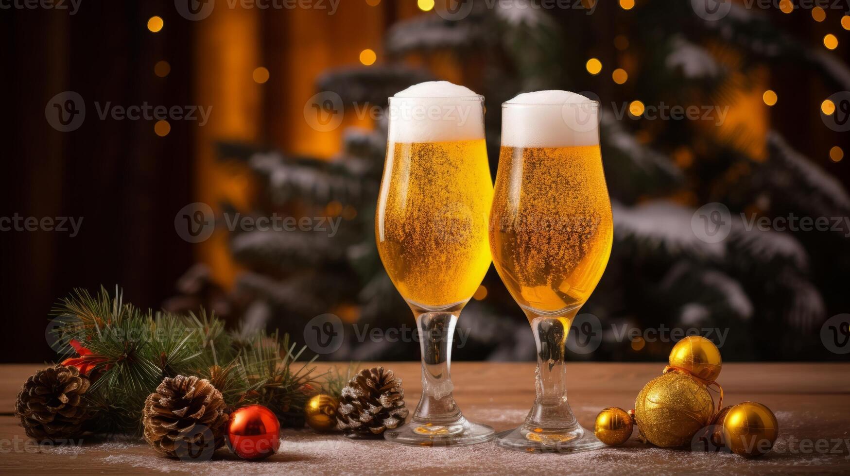 AI generated Festive Beer Glasses Amidst Christmas Decoration photo