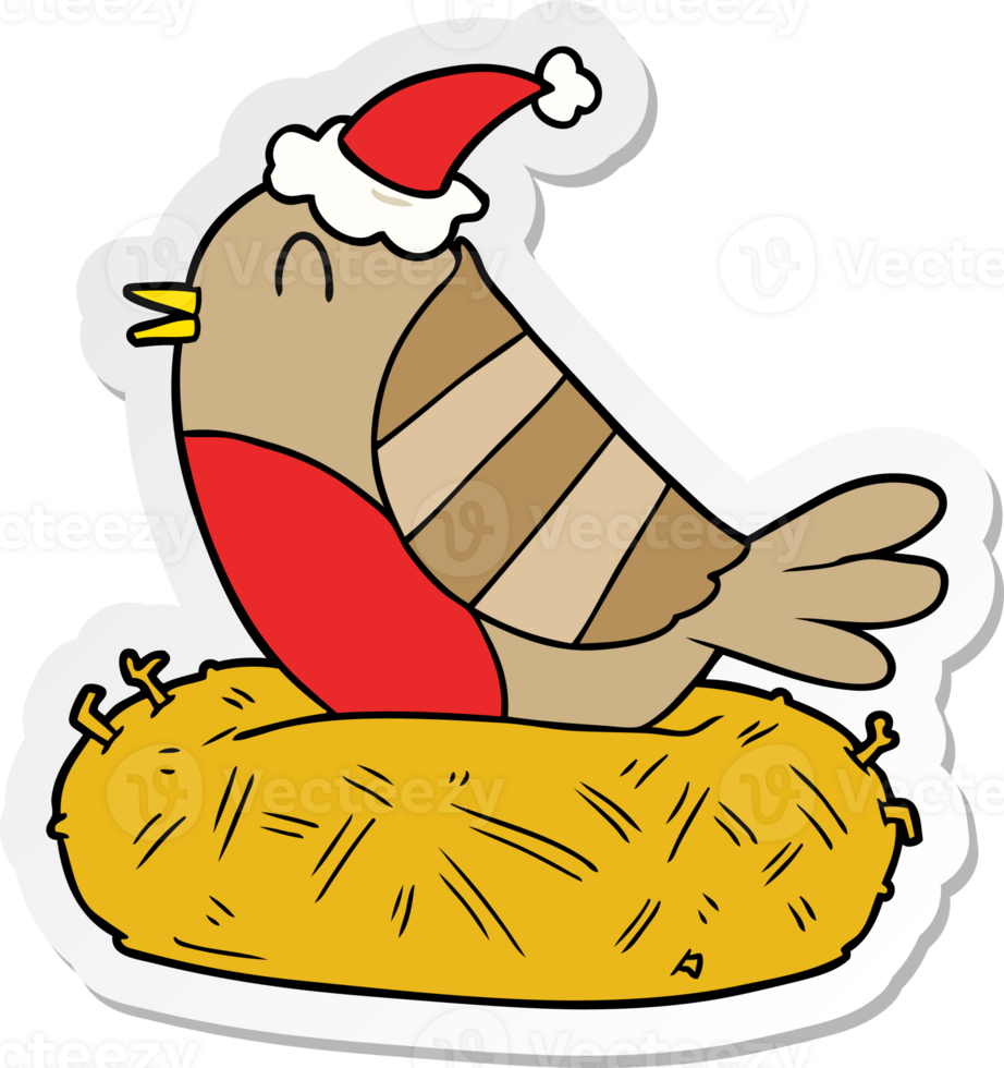 hand drawn sticker cartoon of a bird sitting on nest wearing santa hat png