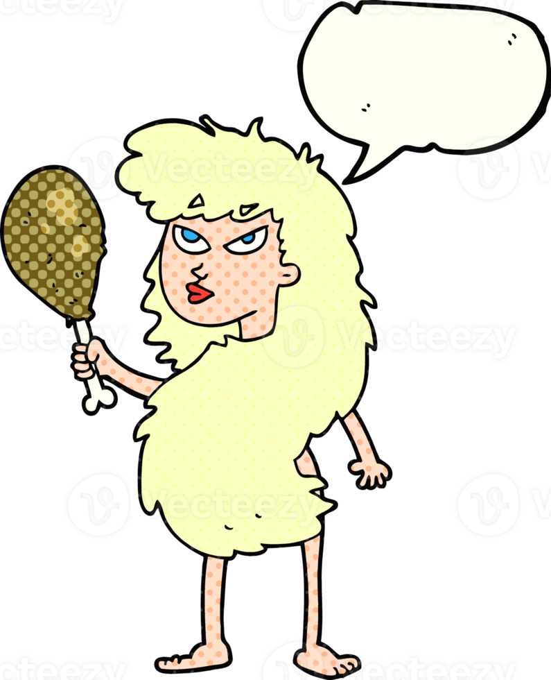 hand drawn comic book speech bubble cartoon cavewoman with meat png