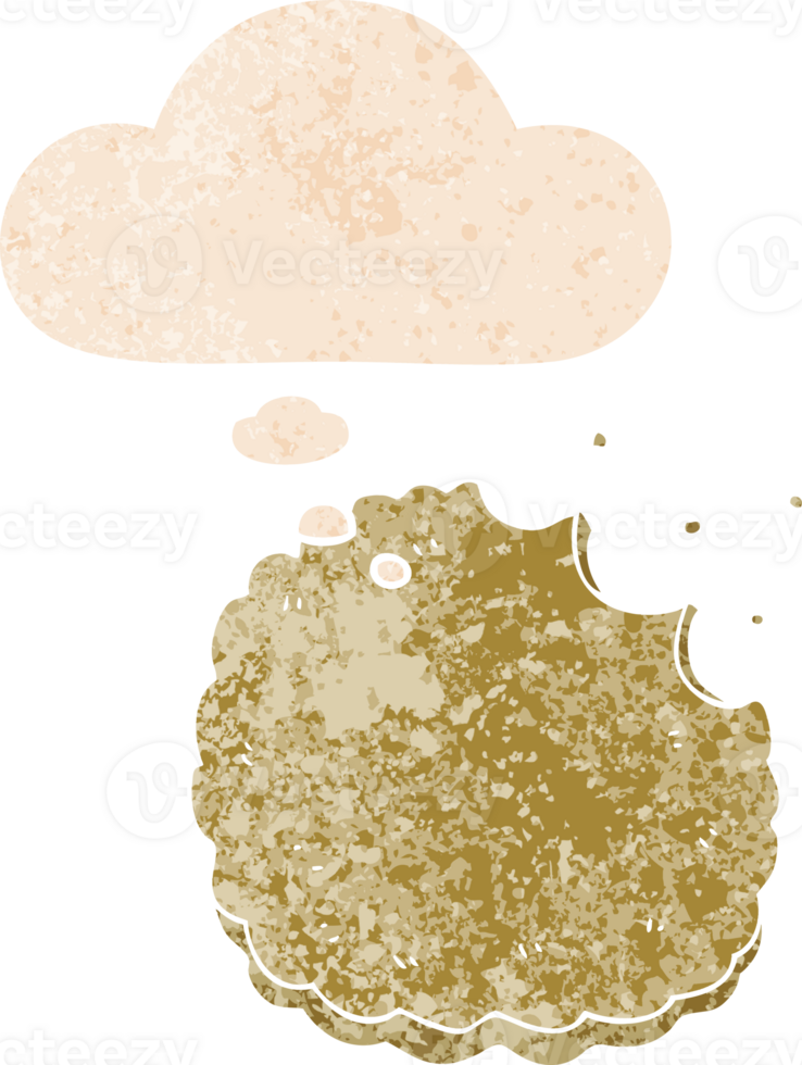 cartoon biscuit with thought bubble in grunge distressed retro textured style png