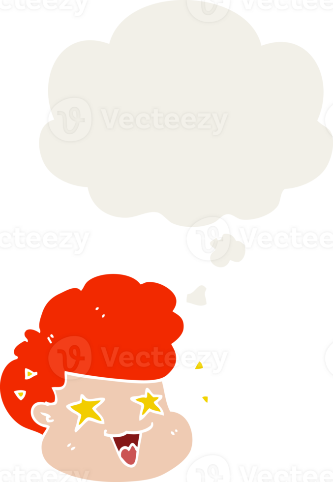 cartoon excited boy with thought bubble in retro style png