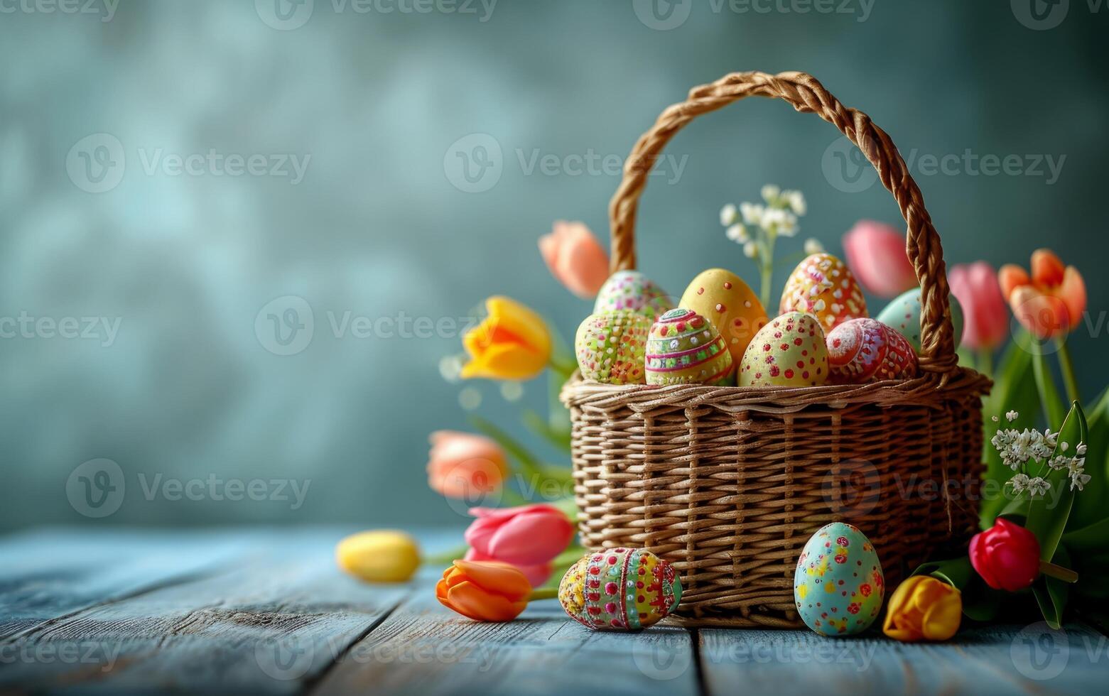AI generated Tulips Interwoven with Easter Eggs in a Basket photo