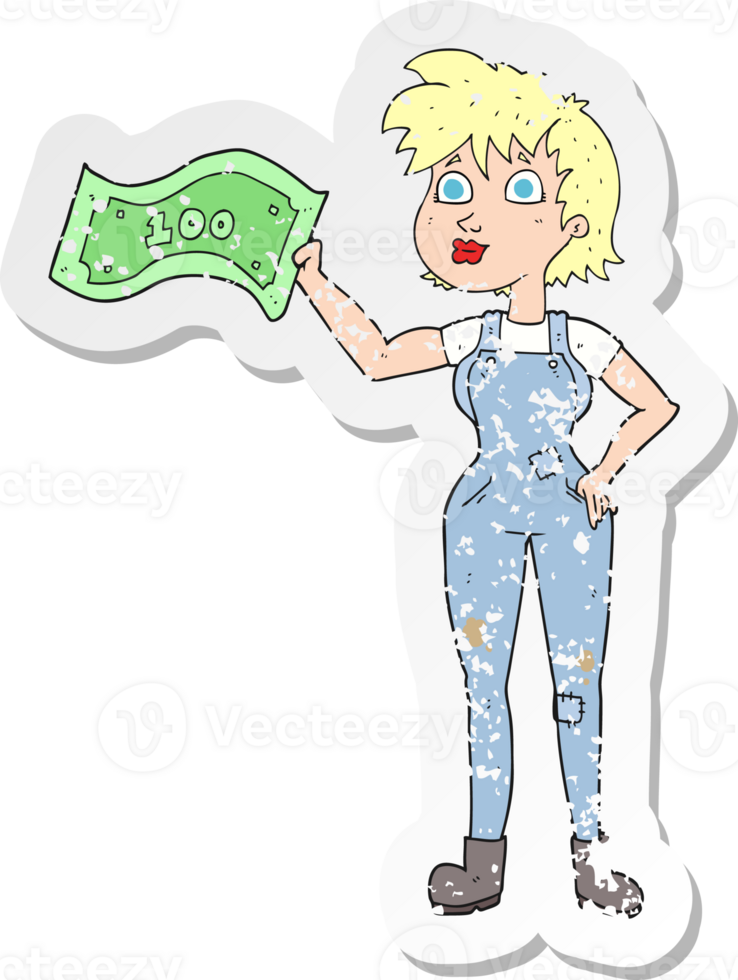retro distressed sticker of a cartoon confident farmer woman with money png
