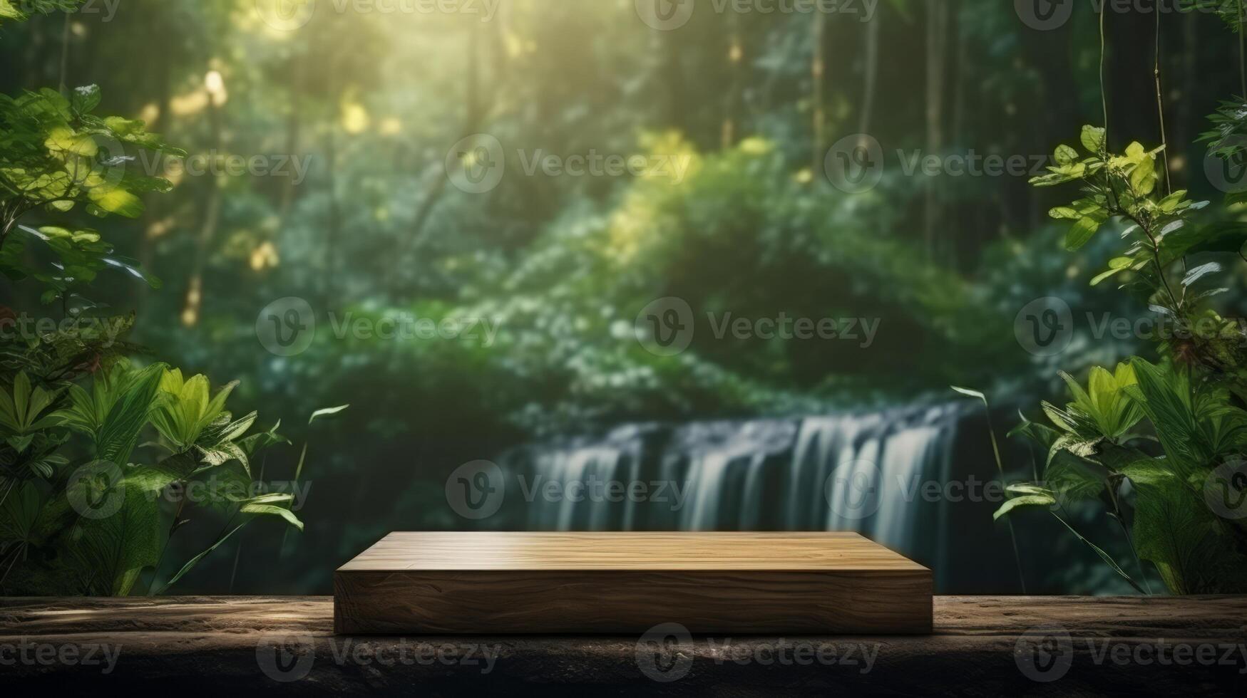 AI generated Wooden Podium With Forest Waterfall Background photo