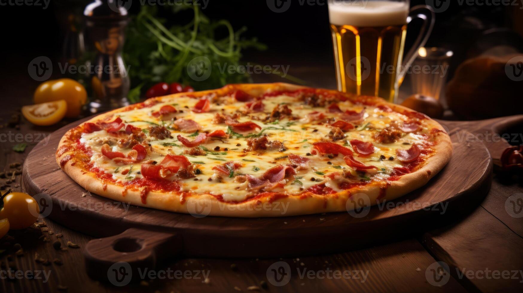 AI generated Pizza and Beer on Wooden Table photo