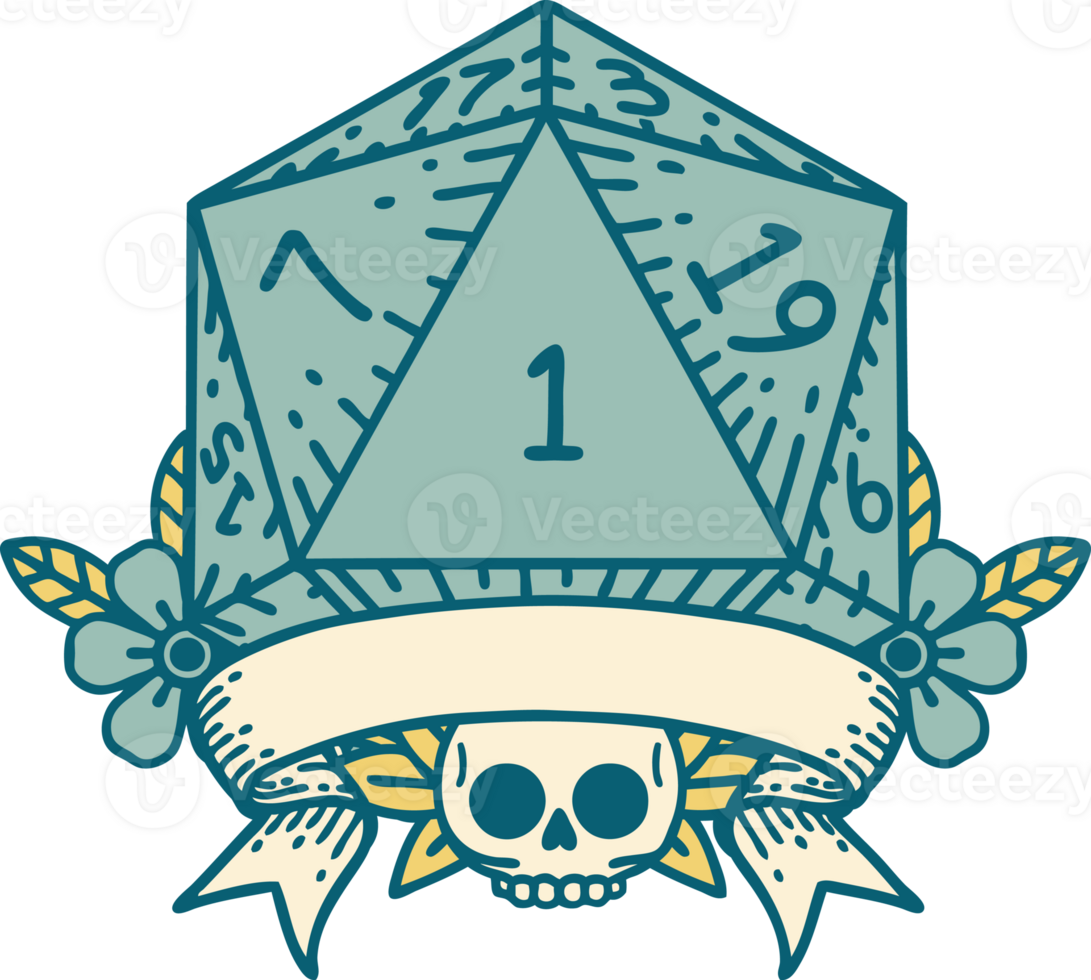 Retro Tattoo Style natural one d20 dice roll png