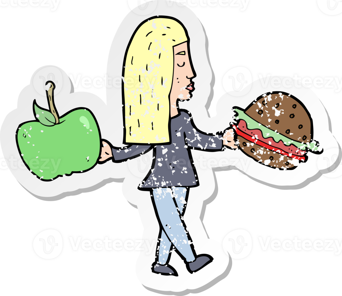 retro distressed sticker of a cartoon woman deciding to eat healthy png