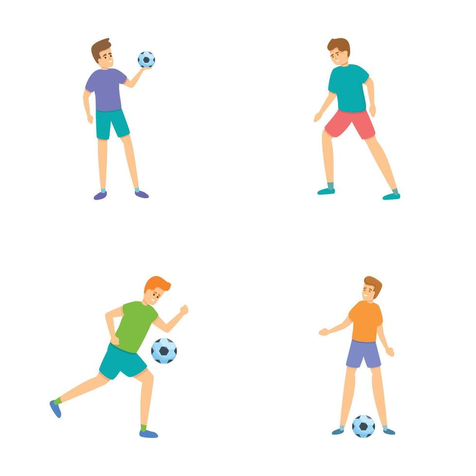 fútbol jugador íconos conjunto dibujos animados vector. fútbol americano jugador patada pelota con pie vector
