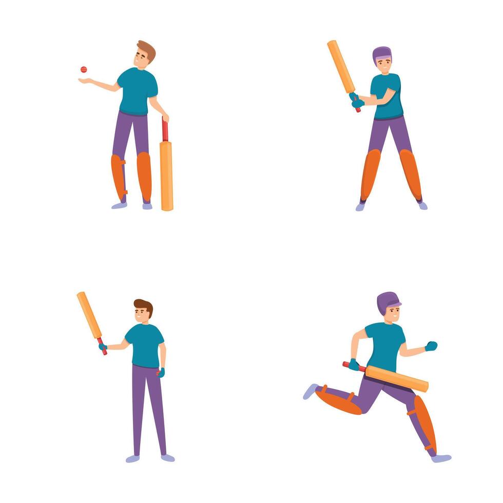 Batsman icons set cartoon vector. Cricket player with bat and bowler vector