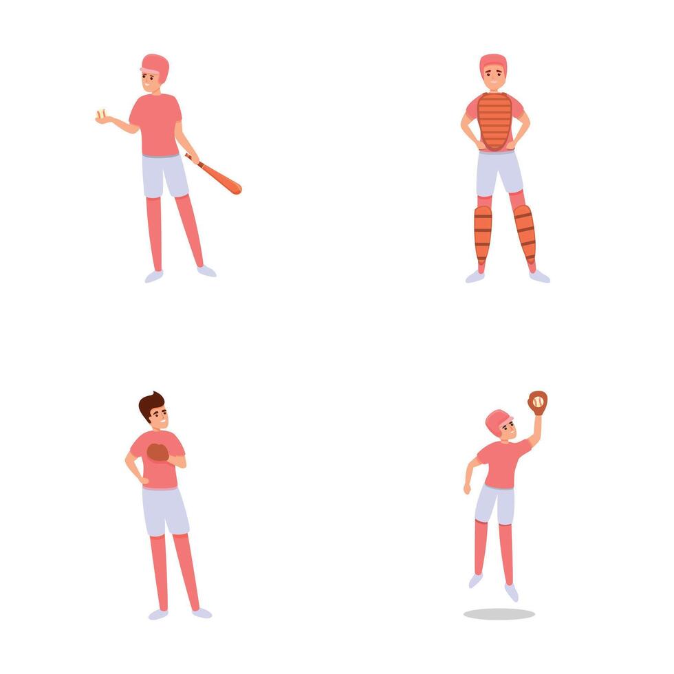 Baseball player icons set cartoon vector. Various action of baseball player vector