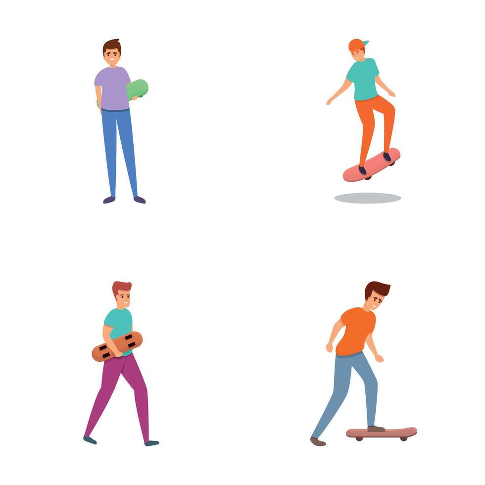 Riding skateboard icons set cartoon vector. Various people riding skateboard vector
