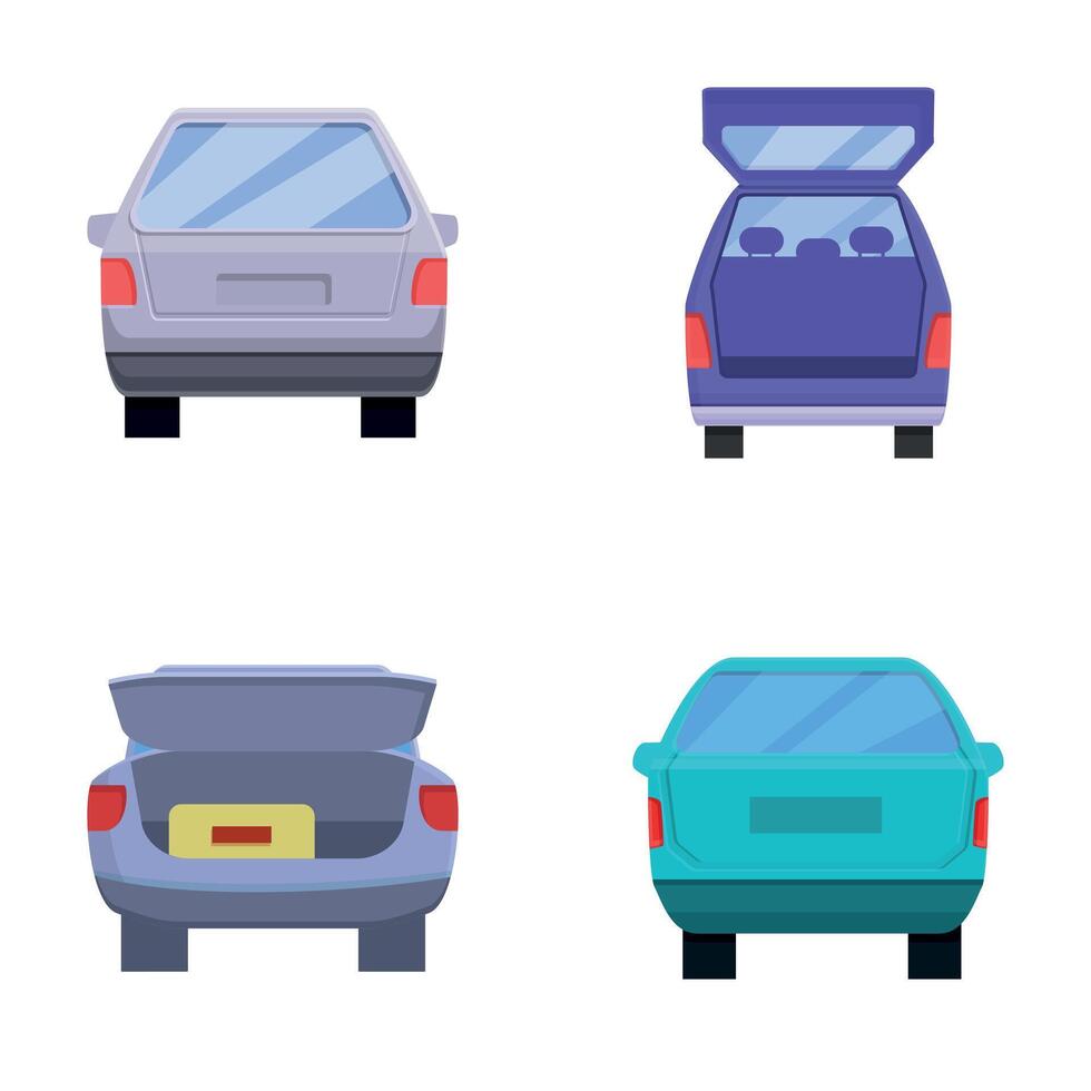 Minivan trunk icons set cartoon vector. Various automobile with open trunk vector