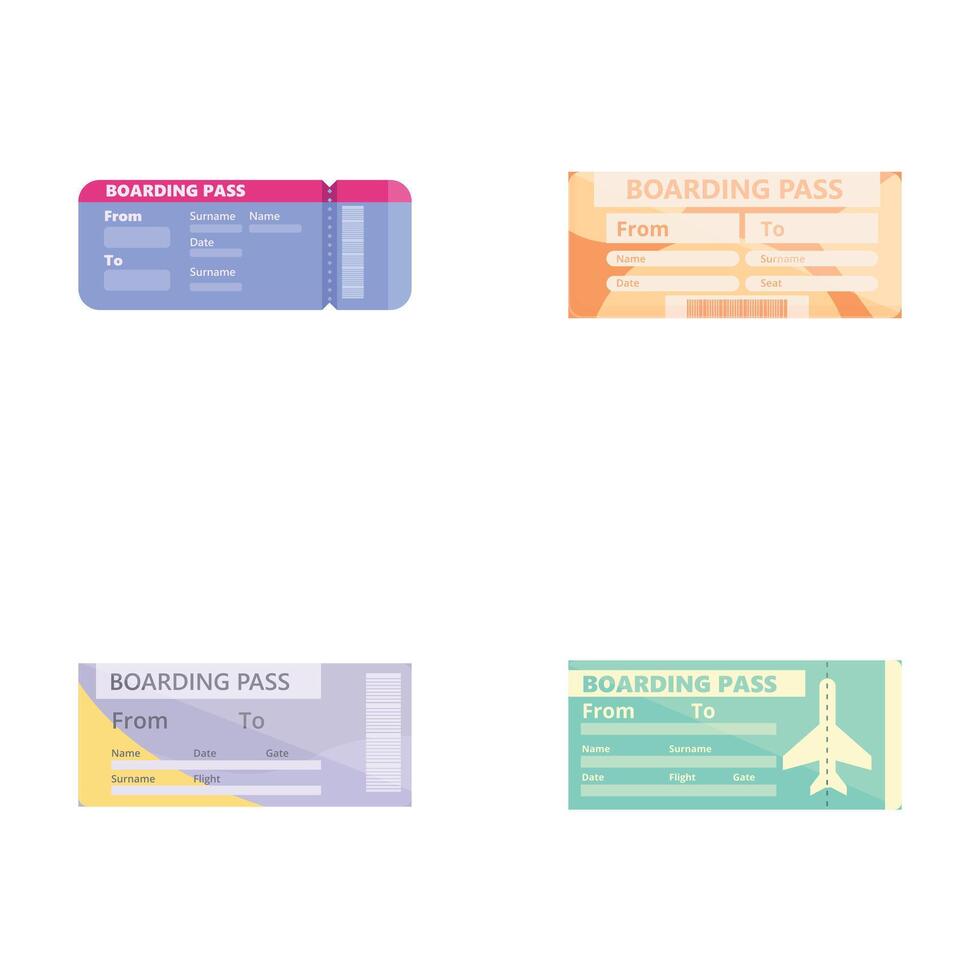 Airline ticket icons set cartoon vector. Boarding pass for traveling by plane vector