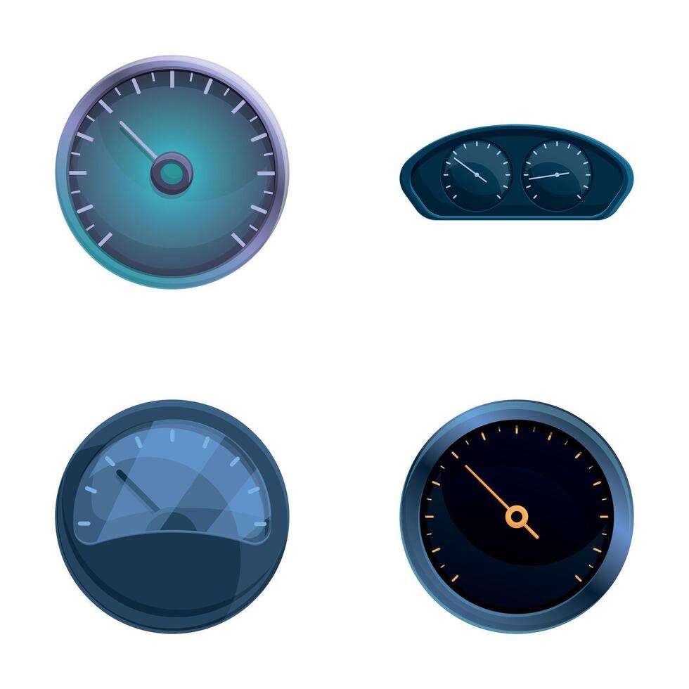 Car speedometer icons set cartoon vector. Different style of auto speedometer vector