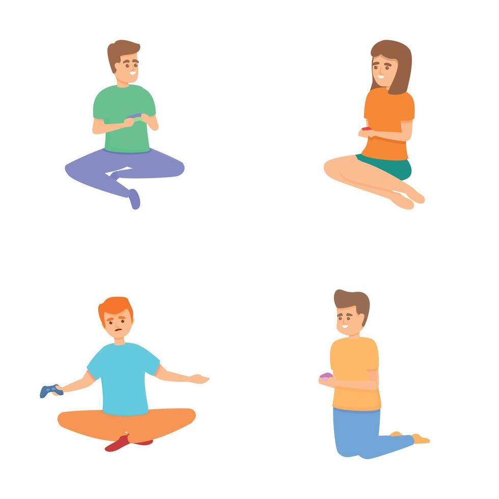 Video game icons set cartoon vector. People with joystick and play video game vector