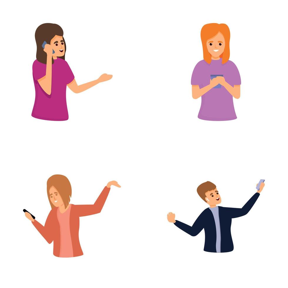 Smartphone user icons set cartoon vector. People talking and typing on phone vector