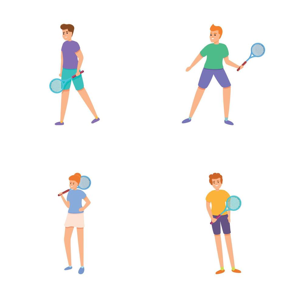 tenis jugador íconos conjunto dibujos animados vector. hombre y mujer contratar en tenis vector