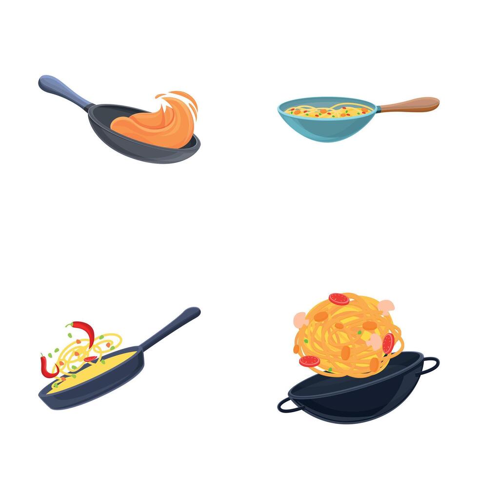 Cocinando proceso íconos conjunto dibujos animados vector. varios platos cocido en fritura pan vector