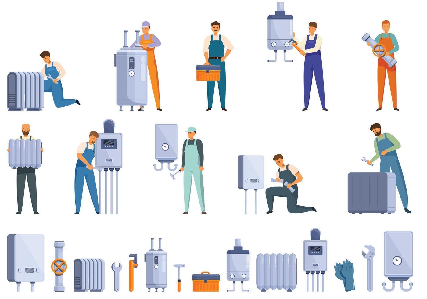 Fix heater pipeline icons set cartoon vector. Home maintenance vector