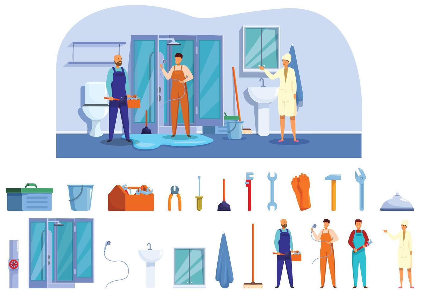 Fixing broken shower icons set cartoon vector. Worker plumber vector