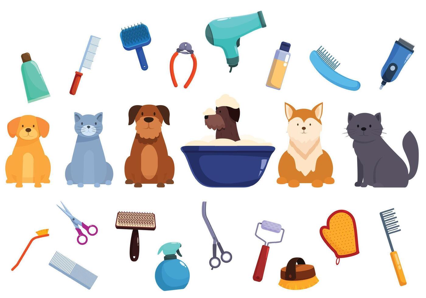 Pet grooming icons set cartoon vector. Shower puppy cut vector