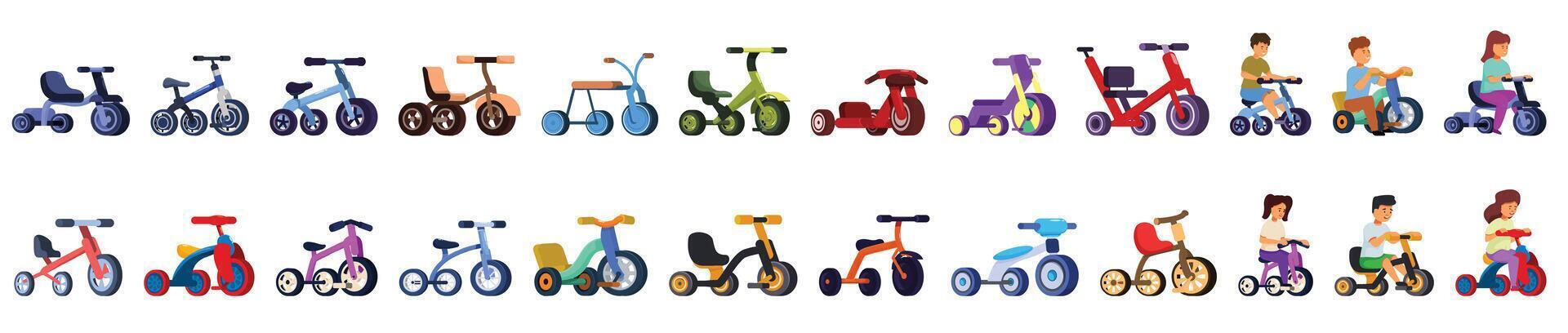 niños triciclo íconos conjunto dibujos animados vector. bicicleta paseo transporte vector