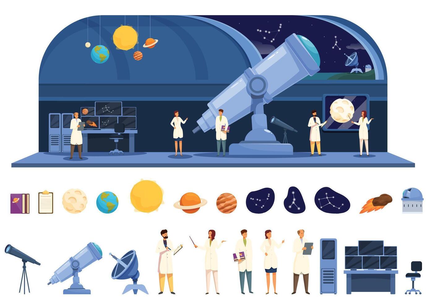 Scientist astronomer icons set cartoon vector. Telescope discovery universe vector
